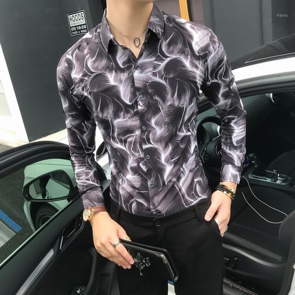 

dress shirt men slim fashion print 2018 autumn new temperament british style social business casual long-sleeved shirt1, White;black