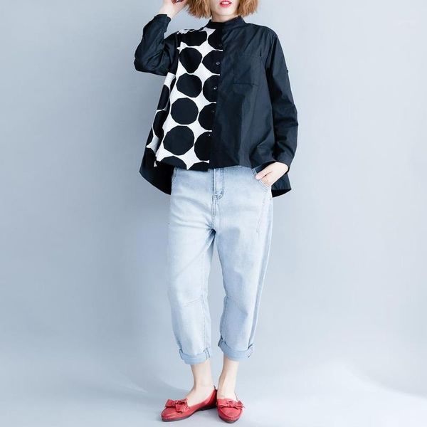 

spring and autumn new stand collar loose slimming long sleeve fashion casual large size fat mm polka dot printed shirt for women1, White