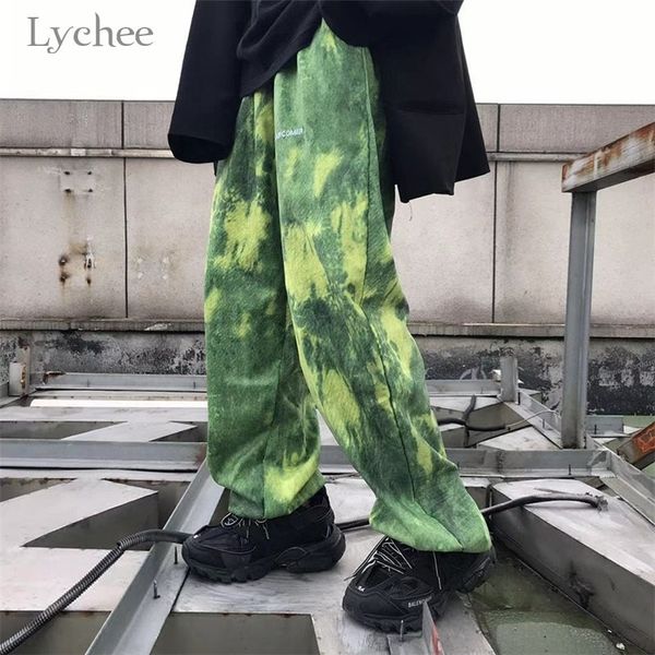 

lychee harajuku tie dye embroidery women pants elastic waist loose corduroy female trousers casual spring autumn lady bottoms 201031, Black;white