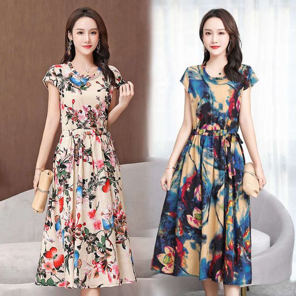 

cotton 2020 wind new silk leisure national flower short sleeve dress women summer medium length slim style beach skirt, White