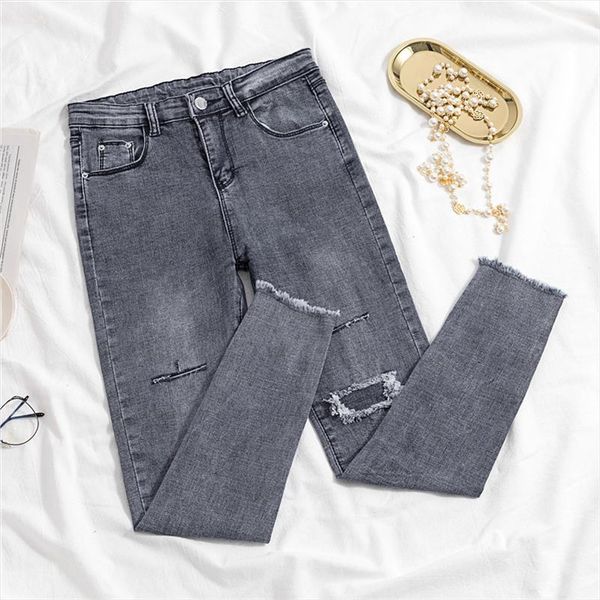 

high waist hole skinny jeans woman 2020 spring summer high waist elastic gray vintage denim pencil pants female jeans fashion, Blue