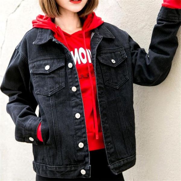 

2021 women denim jacket black loose coat casual vintage denim female outwear solid color single breasted jacket drop shipping, Black;brown