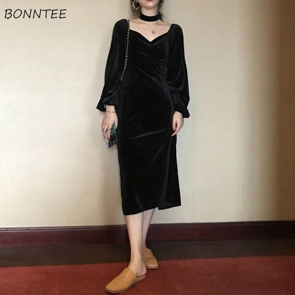 

long sleeve dress women elegant trendy design aesthetic black club dresses classy solid vintage v-neck all-match female clothing, Black;gray