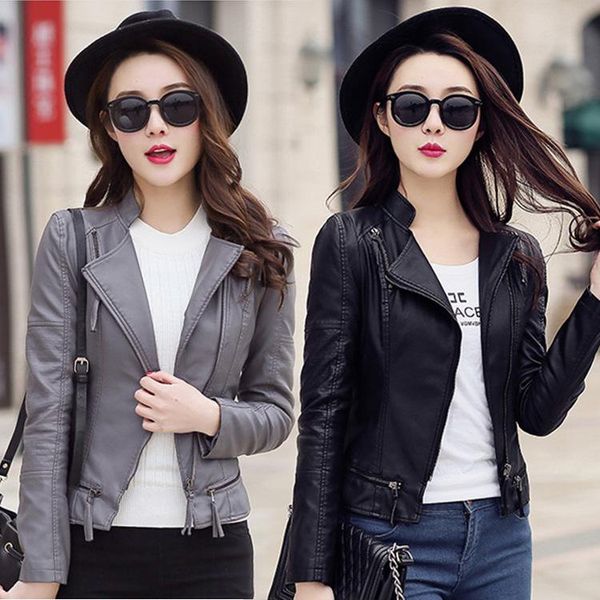 

2020 spring and autumn korean motorcycle pu leather short paragraph ladies wild large size slim jacket small leather jacket 2xl, Black