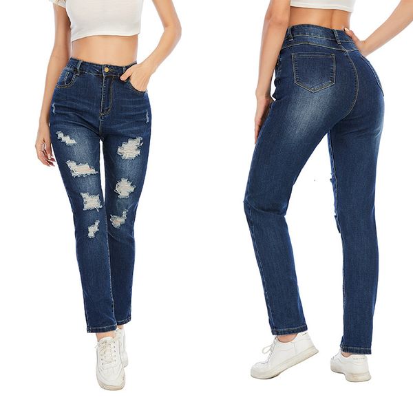 

women's wear 2020 new pierced dark girl ny little leg jeans, Blue