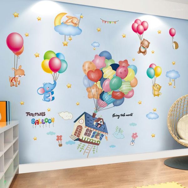 

[shijuekongjian] colorful balloons wall stickers diy cartoon house animals wall decals for kids rooms baby bedroom decoration1