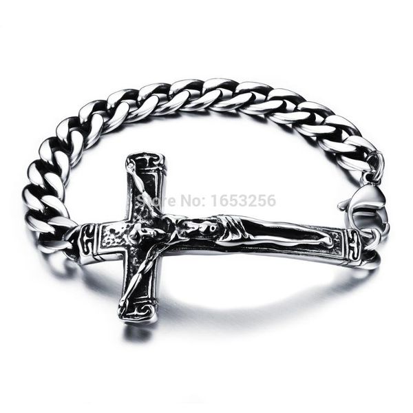

charm bracelets selling 316l stainless steel biker large cross id bracelet link chain 8.66'' cool men's punk jewelry, Golden;silver