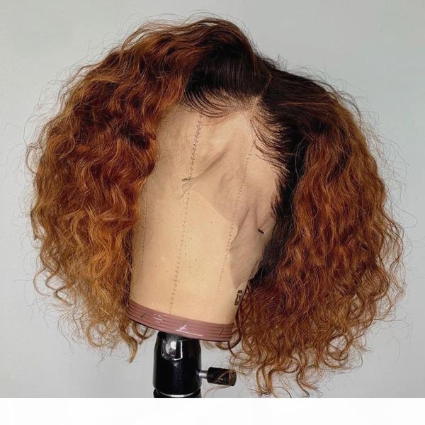 

paff full lace wigs brazilian ombre blonde remy human hair short bob curly lace front wigs with baby hair, Black;brown