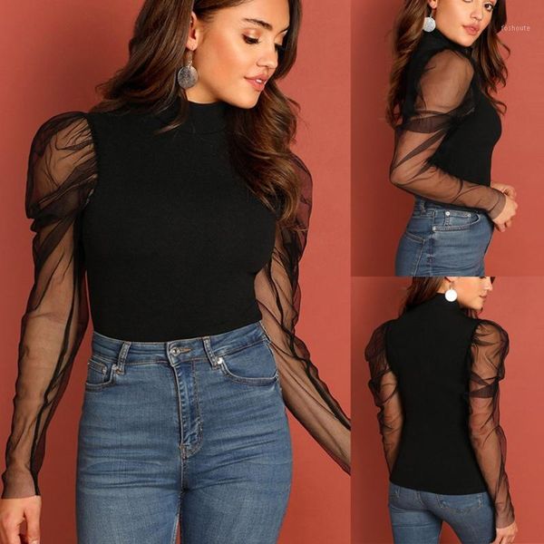 

ostrich womens and blouses mesh black dot bubble long sleeve solid color 2019 large size popular blouses woman fashion1, White