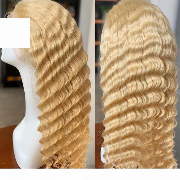 

poker face613 honey blonde malaysian curly lace front wig deep wave 613 color pre plucked human hair lace frontal wigs, Black