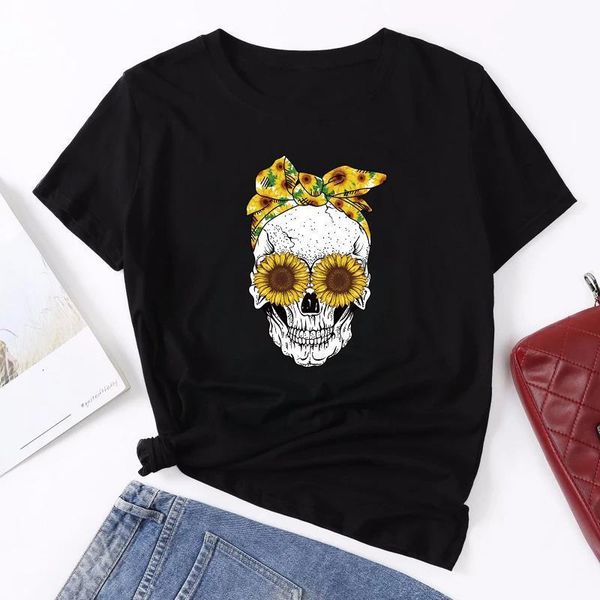 

hillbilly funny skull punk t shirt women fashion casual short sleeve sun flowers tshirts chemise femme mujer verano 2020, White