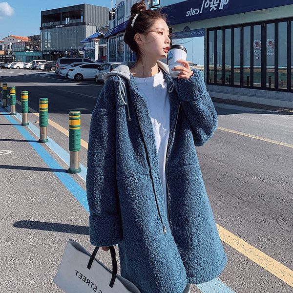 

women winter coats casual hooded collar lamb wool coat girl outside keep warm leisure time long sleeve loose plus size lj201106, Black