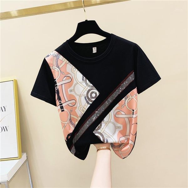 

printed stitching drilling contrasting color short sleeve cotton t-shirt women's 2020 summer korean-style loose t shirt tee1, White