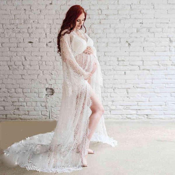 Sexy Branco Maternidade Vestidos para Chuveiro de Bebê Lace Fancy Photoshoot Vestido para Gravidez Mulheres Maxi Vestido Fotografia PROP AA220309
