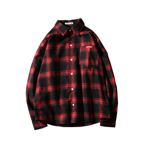 

men's casual shirts fashion korean shirt men black red japanese vintage loose long sleeve checkered student short l, White;black