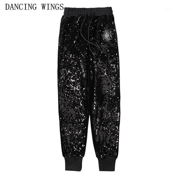 

personality women's black stretch trousers elastic waist gold velvet embroidered sequins harem pants performance1, Black;white