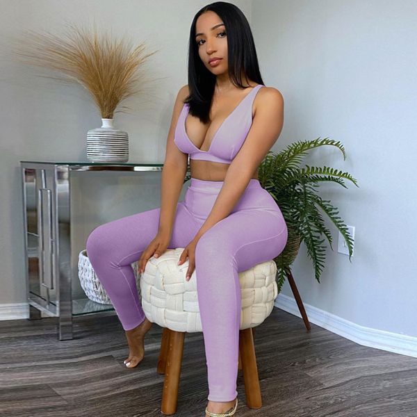 

boofeenaa 2 piece set v neck cropped and pants leggings ribbed knit casual suit women workout tracksuits c16-cf29 c0122, Gray