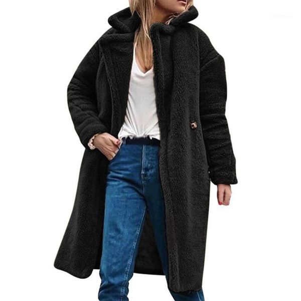 

fashion women fluffy fur teddy coat winter spring warm long coats overcoat female lapel loose long cardigan jackets outwear1, Black