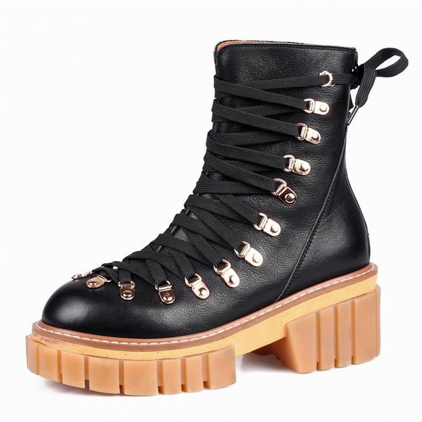 

thick-soled big brand cross-tied matin ankle boots handsome metal button leather round toe women shoes zip fall winter booties, Black