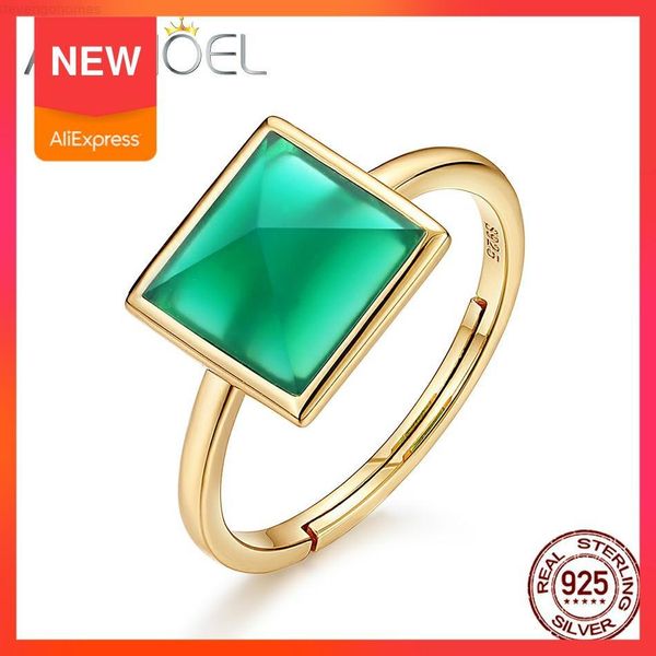 

sterling silver ring allnoel natural 925 green agate gemstone adjustable open design rings for women fine jewelry new q1, Golden;silver