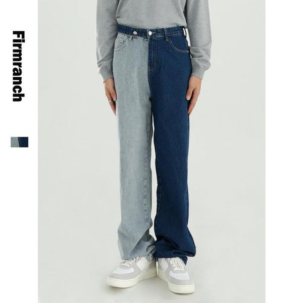 

men's jeans firmranch spring men/women washed contrast&match colors design sense color loose straight long denim pants japanese&korean, Blue