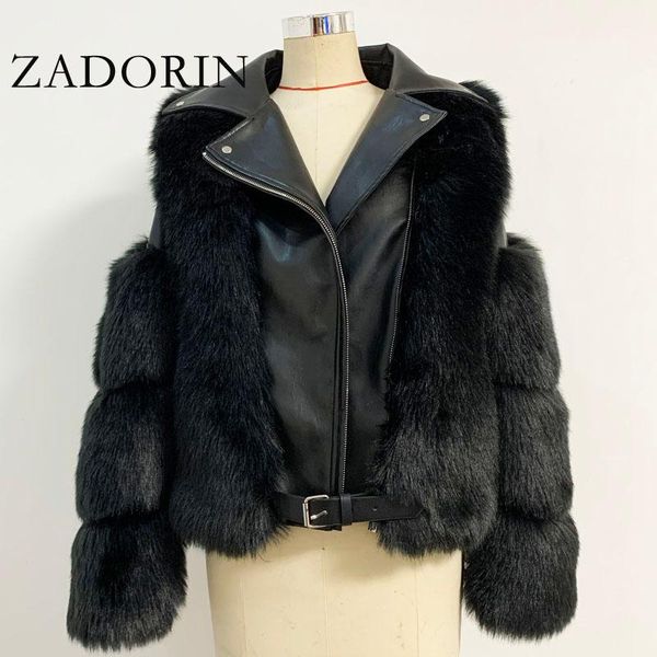 

zadorin fashion luxury faux fur coat motorcycle pu leather turn down collar warm faux fur jacket women 2020 winter new, Black