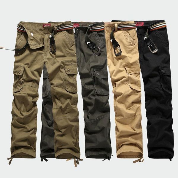 

men's pants cotton cargo multi-pocket casual straight trousers large size loose drawstring feet jogging male's clothing 42, Black