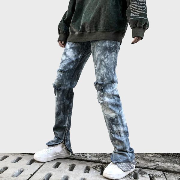 

jeans men watercolor print denim pants men casual trouser high street jeans vintage all-match hip hop style streetwear1, Blue