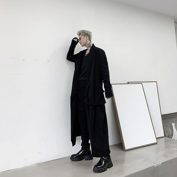 

spring trend young people's dance clothes dark black heavy industry splicing lengthened trench coat, Tan;black