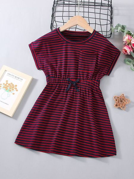 

little girl's striped pocket front knotted dress she, Red;yellow