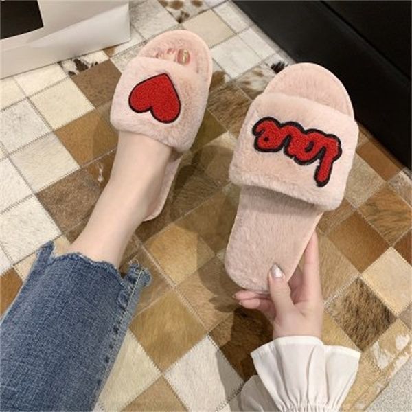 

cute women slippers love heart cotton winter fur slides ladies home furry slippers warm house indoor non-slip shoes y1202, Black