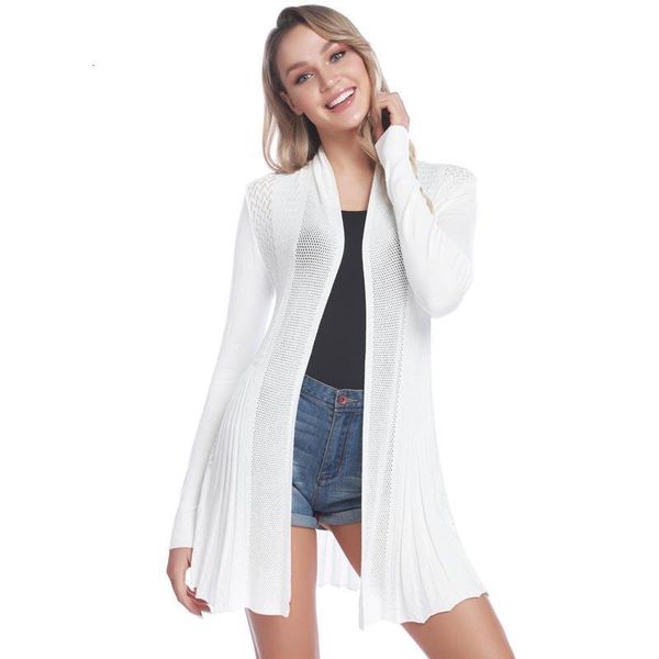 

2021 women casual cardigan knitted open front long sleeve mid length warm cardigan sweater air conditioned polyester rooms wear, White;black