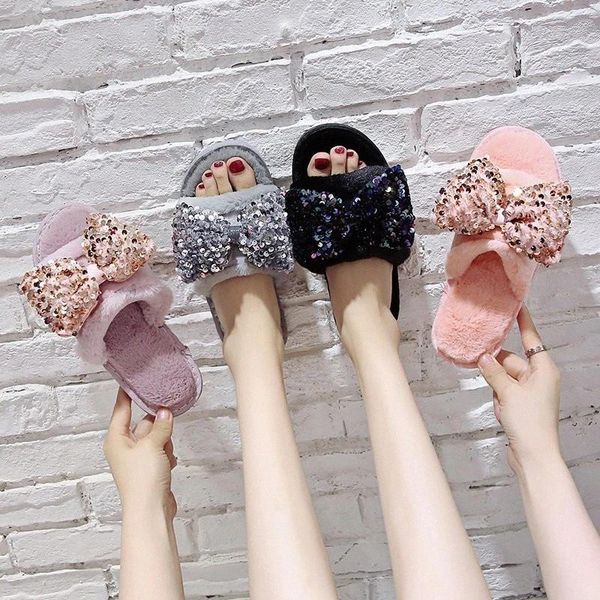 

cootelili shoes for women woman slippers new fashion sequin decoration faux fur 2cm heel slippers winter slides for women 36-41 #qg4t, Black