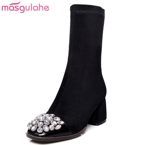 

masgulahe 2020 new fashion stretch leather women boots autumn ankle boots round toe rhinestone ladies autumn suede, Black