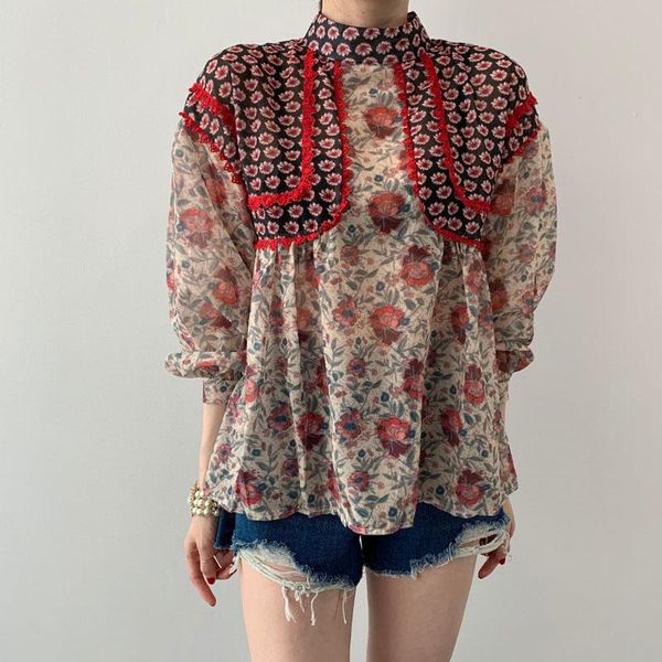 

korea chic chiffon stitching lace long sleeve blouse shirts woman autumn new floral print shirt, White
