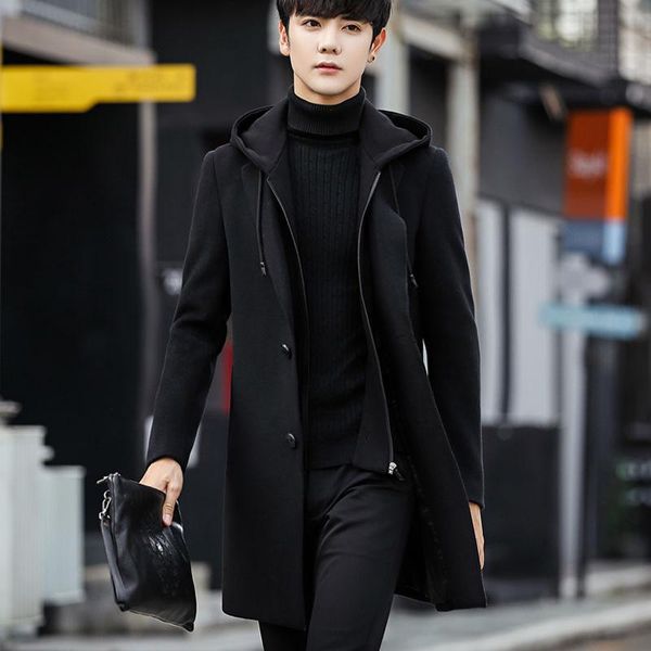 

men's wool & blends woollen coat autumn / winter 2021 mid long korean woolen youth hooded windbreaker, Black