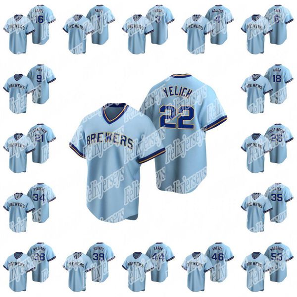 

youth lady men 22 christian yelich 2020 new lorenzo cain ben gamel keston hiura daniel vogelbach corey knebel hank aaron jacob nottingham, Blue;black