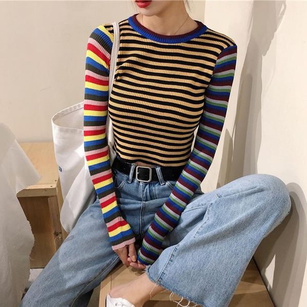 

2020 new autumn striped knitted t-shirt women student wind casual wild slim short t-shirt female crop long sleeve t-shirts1, White