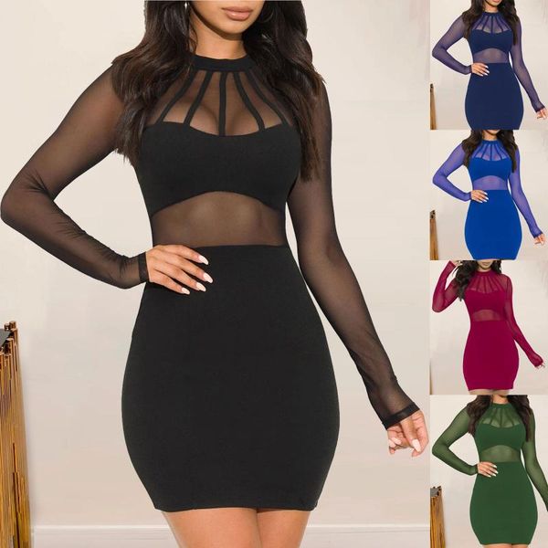 

women slim round neck dress long sleeve net yarn stitching hollow dress party club bodycon pencil party mini dresses, Black;gray
