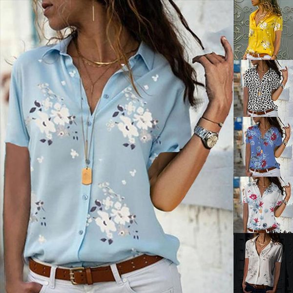 

casual summer chiffon women plus size loose print v neck short sleeve print blouse pullover shirt shirts blouse wear, White