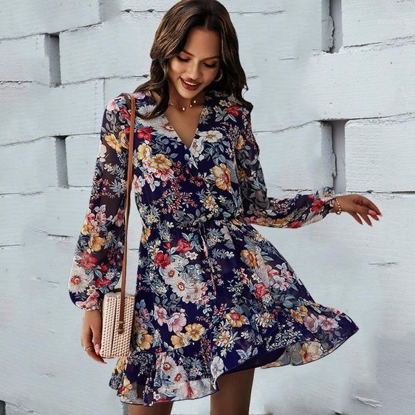 

elegant v neck long-sleeved printed dress spring summer 2021 dresses for womens beach style chiffon a-line ruffles mini dress1, Black;gray