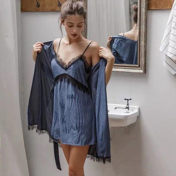 

women robe gown set velvet pajamas sleepwear night lounge set autumn winter warm 019 for home wear y200425, Black;red