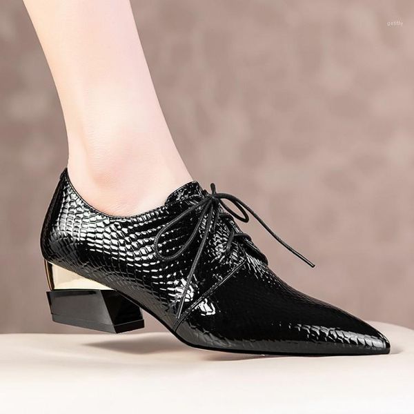 

dress shoes fashion high heels small leather lace-up pointed cow patent single genuine women's x7371, Black