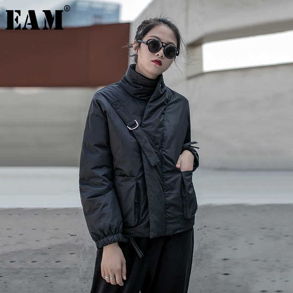 

eam] black warm buckle cotton-padded coat long sleeve loose fit women parkas fashion tide new spring autumn 19a-a819 201014