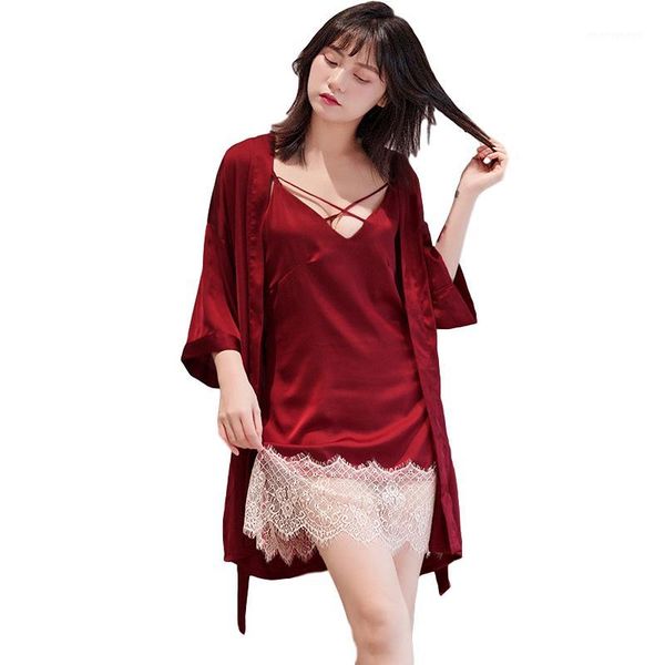 

women's sleepwear elegant nighty set satin lace womens backless dress bathrobe silk lingerie erotic pijamas shower robe set1, Black;red