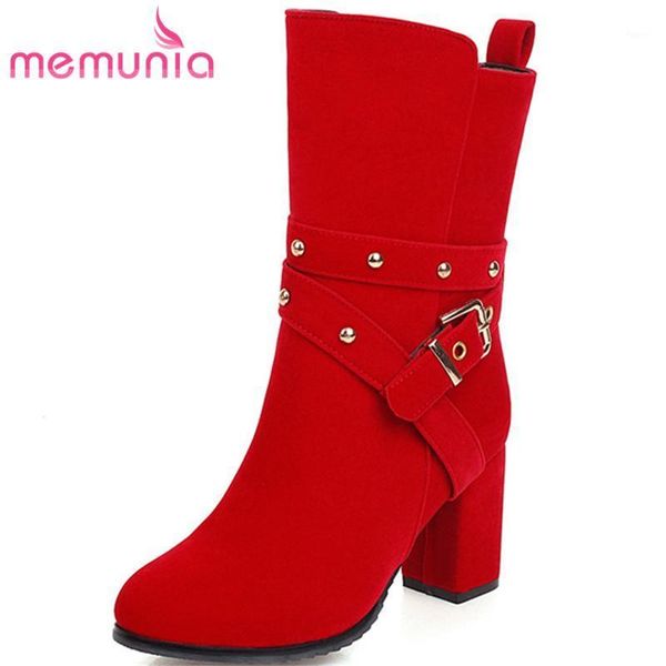 

boots memunia 2021 est casual party shoes women ankle flock buckle rivet zip thick high heels autumn winter woman1, Black
