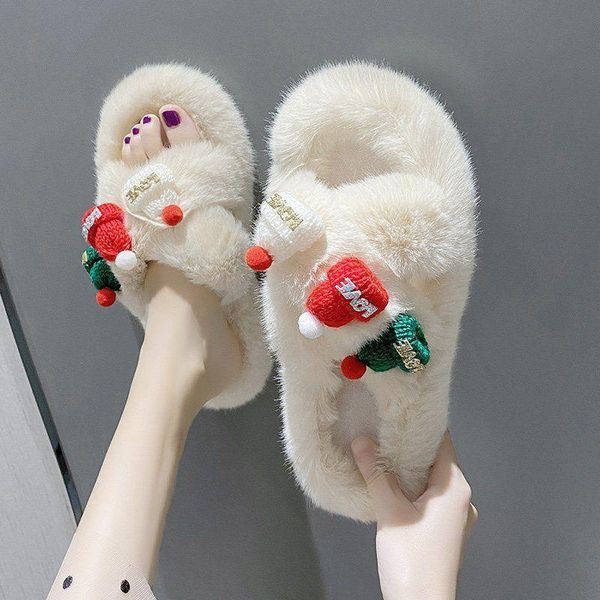 

slippers xmas cross band warm faux fur house women fashion platform home slides ladies winter cozy furry fuzzy open toe shoes, Black