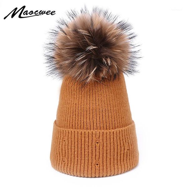 

winter hat women knitted beanie with real fur pompon outdoor warm soft trendy hats wool skullies beanies elegant solid color cap1, Blue;gray