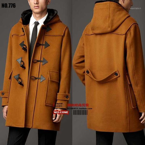 

s-3xl 2020 plus size men's slim casual fashion loose wool coat with a hood horn button male woolen outerwear clothing jacket1, Black