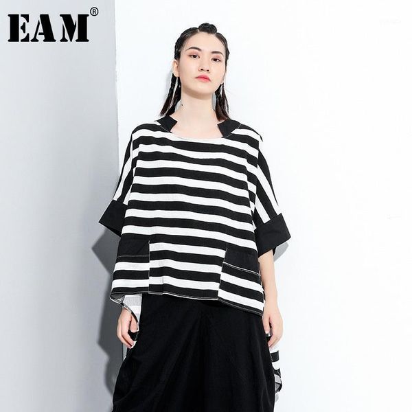 

eam] women black striped irregular big size long t-shirt new round neck half sleeve fashion tide spring summer 2020 1x8251, White